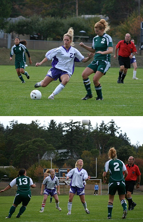 Top photo: Friday Harbor's Emma Ytander (22) moves the ball down field vs. North Sound Christian