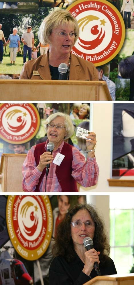 Top photo: Bev Tietjen of the San Juan Island Community Foundation announces the late Jerry Inskeep's bequest of $4 million for college scholarships for local high school graduates. Middle photo: Virginia Otto of the Mullis Community Senior Center tells about the savings in the island coupon book