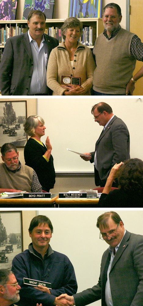 Top photo: Friday Harbor Middle School principal Ann Spratt is honored upon her retirement by Superintendent Walt Wegener