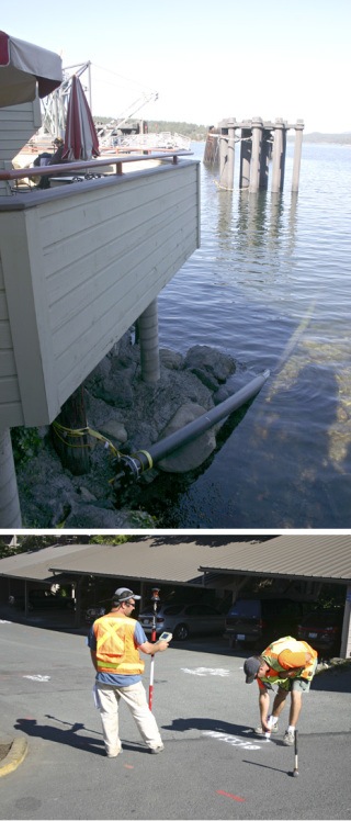 Top photo: This sewer line comes out of the water below the Cannery Landing parking lot and will connect to an upland line; construction begins Monday. Bottom photo: Surveyors mark the site where digging will take place for sewer line installation