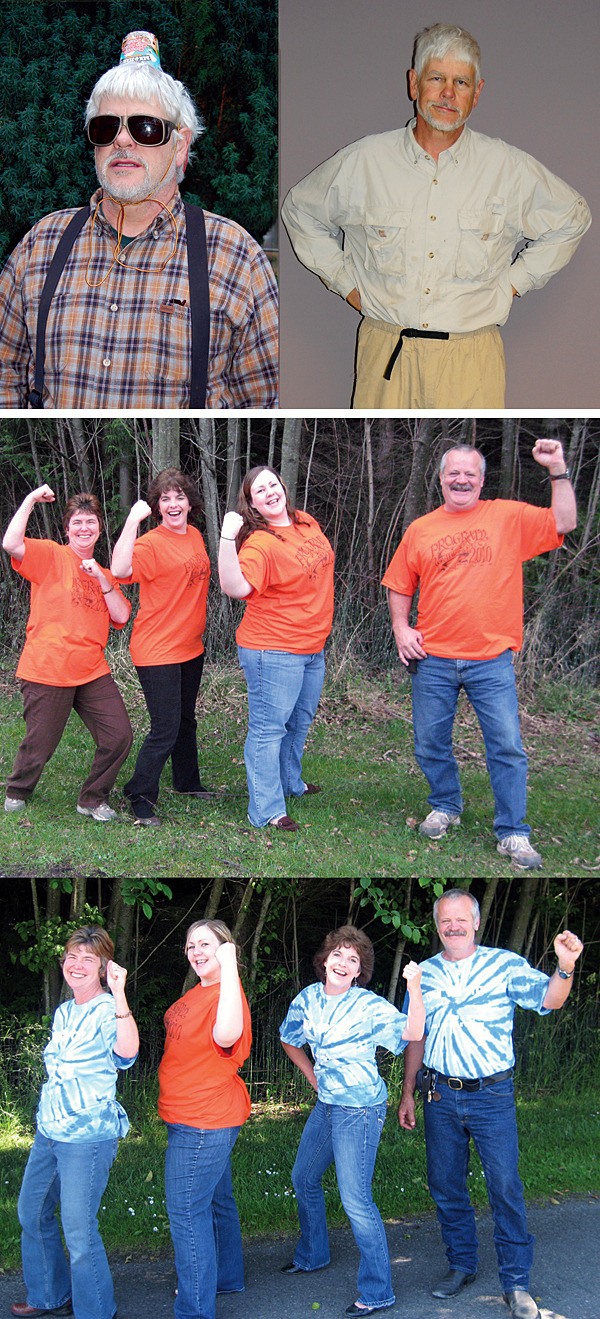 Top photo: John Olson of 'The Shrinking Violets' before and after his weight loss. Bottom photos: Team 'Thin Sin City' before and after (Beth and Kerry Anderson