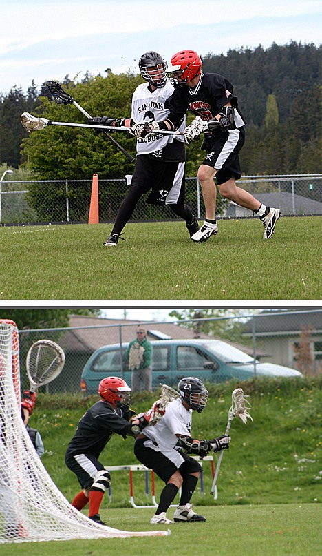 Top photo: San Juan's Kyle Skoog fends off a Stanwood defender en route to a goal May 1 at Friday Harbor. Bottom photo: San Juan's Ryan Guard takes a pass en route to a goal in the same game. The Dragons defeated Stanwood 8-4 and went on to defeat Whatcom 12-4 on May 4 to win the Skagit Conference title.