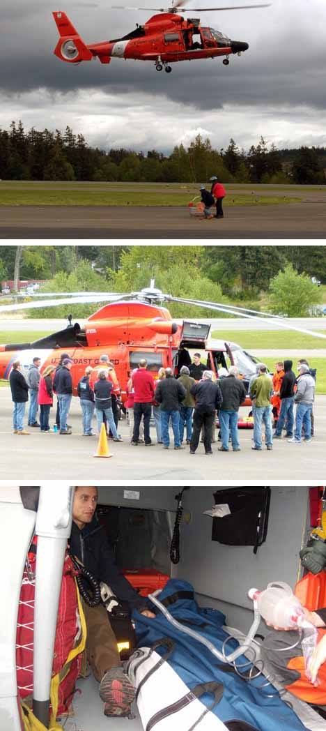 San Juan Island emergency services personnel and a U.S. Coast Guard search and rescue team conducted joint training in Friday Harbor on May 1. The exercise included practicing patient transfer procedures to and from an airborne helicopter