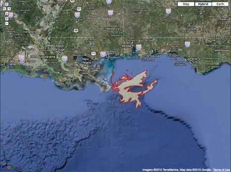 The spread of the oil slick from the leaking oil well in the Gulf of Mexico