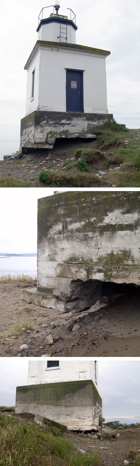 Former San Juan County fire marshal Rick Galer estimates that 25 percent of the Cattle Point Lighthouse's footing is exposed due to wind erosion. The lighthouse may get a new foundation within two years.