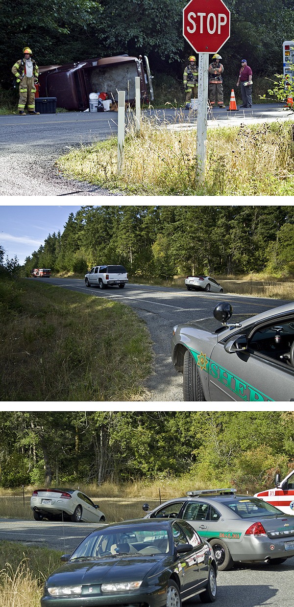 Emergency personnel were called to a car vs. bicyclist accident on Roche Harbor Road near Westcott Bay Road about 4:50 p.m. Friday. Additional personnel were called out shortly after to the scene of a truck that went off the road at Roche Harbor and Rouleau roads. There were no serious injuries.