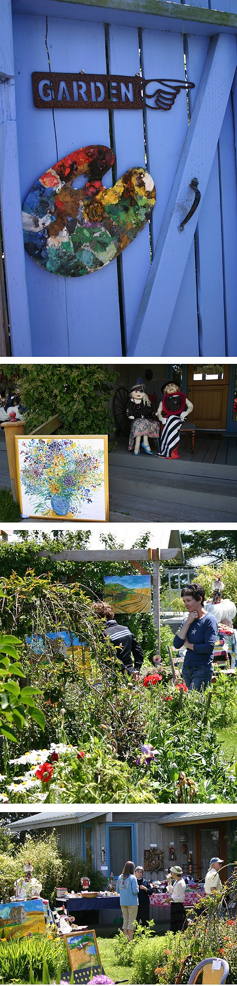 Top photo: A sign lures visitors into Mary Gey McCulloch's garden and art studio