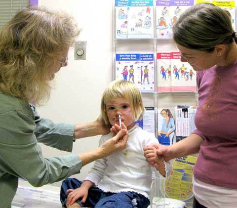 Eleanor Lehman gets a comforting hand from her mom as nurse Nancy Best administers a nasal H1N1 vaccine Oct. 19. Public health officials on Thursday received a shipment of of 200 doses of injectable vaccine and additional nasal vaccine.