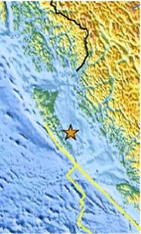 Orange star marks the location of a 7.7-magnitude earthquake that struck near the Queen Charlotte Islands