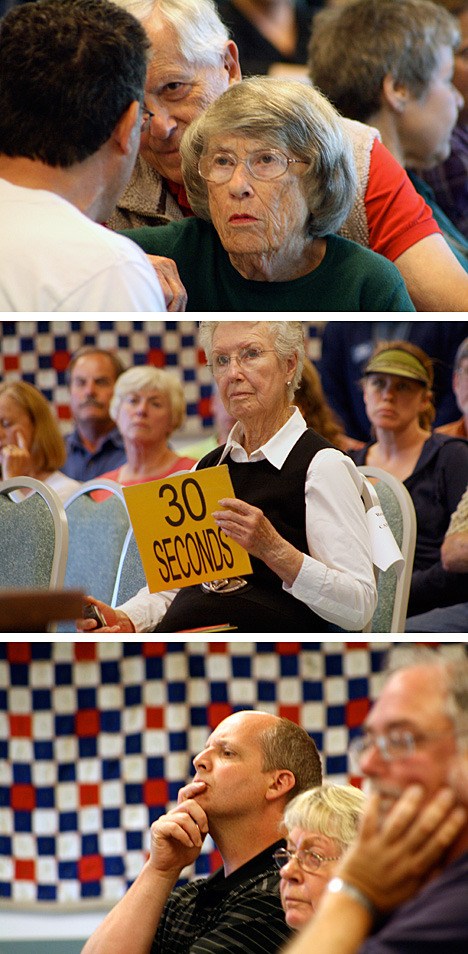 Top photo: Islanders listen to a candidate's response to a question at the League of Women Voters candidates forum