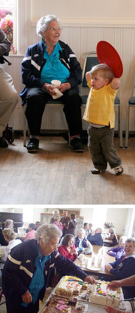 Top photo: Finn Sandwith pretends he has a halo for his great-grandmother