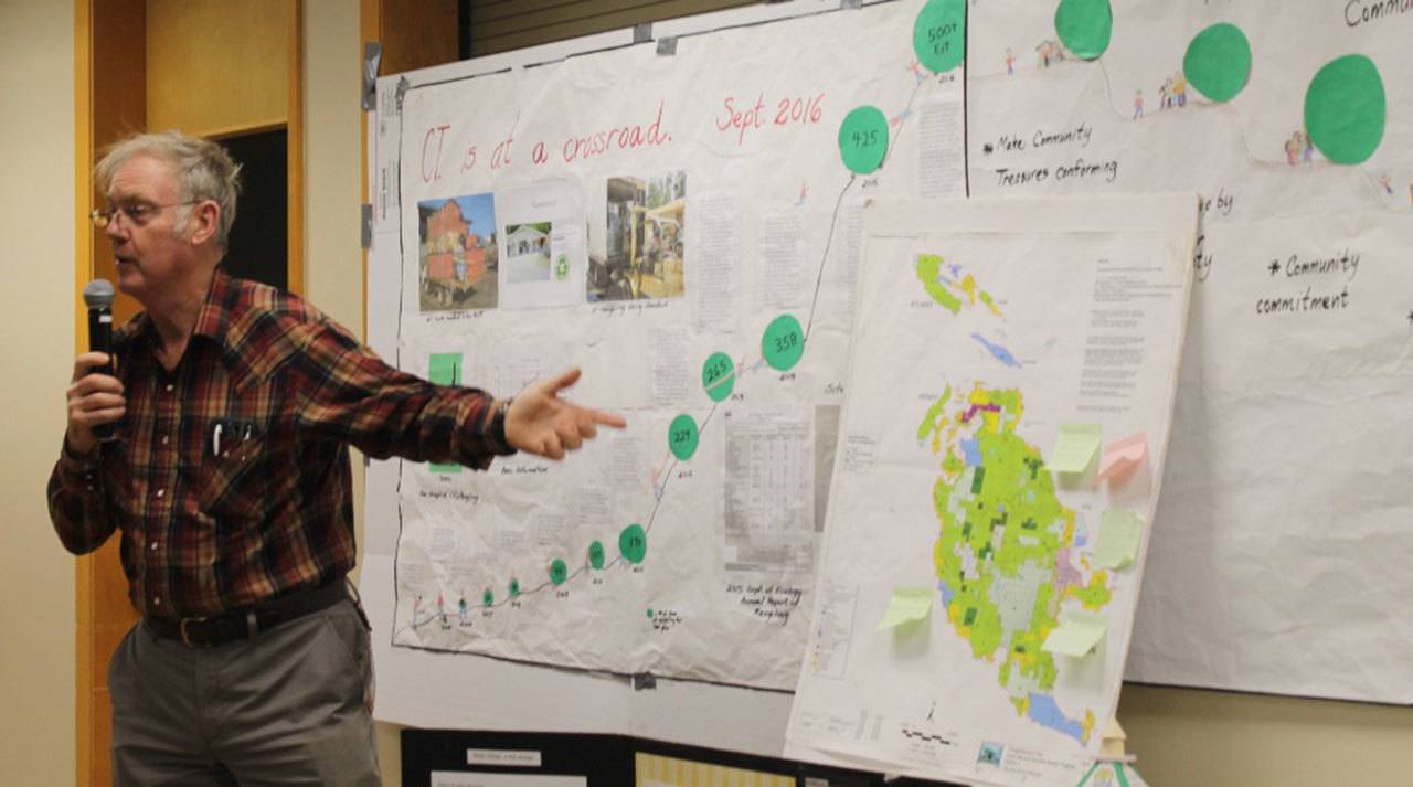 Staff photo/Hayley Day                                Frank Penwell explains how to save Community Treasures at the Friday Harbor Grange No. 225 open house on Friday, Dec. 16.