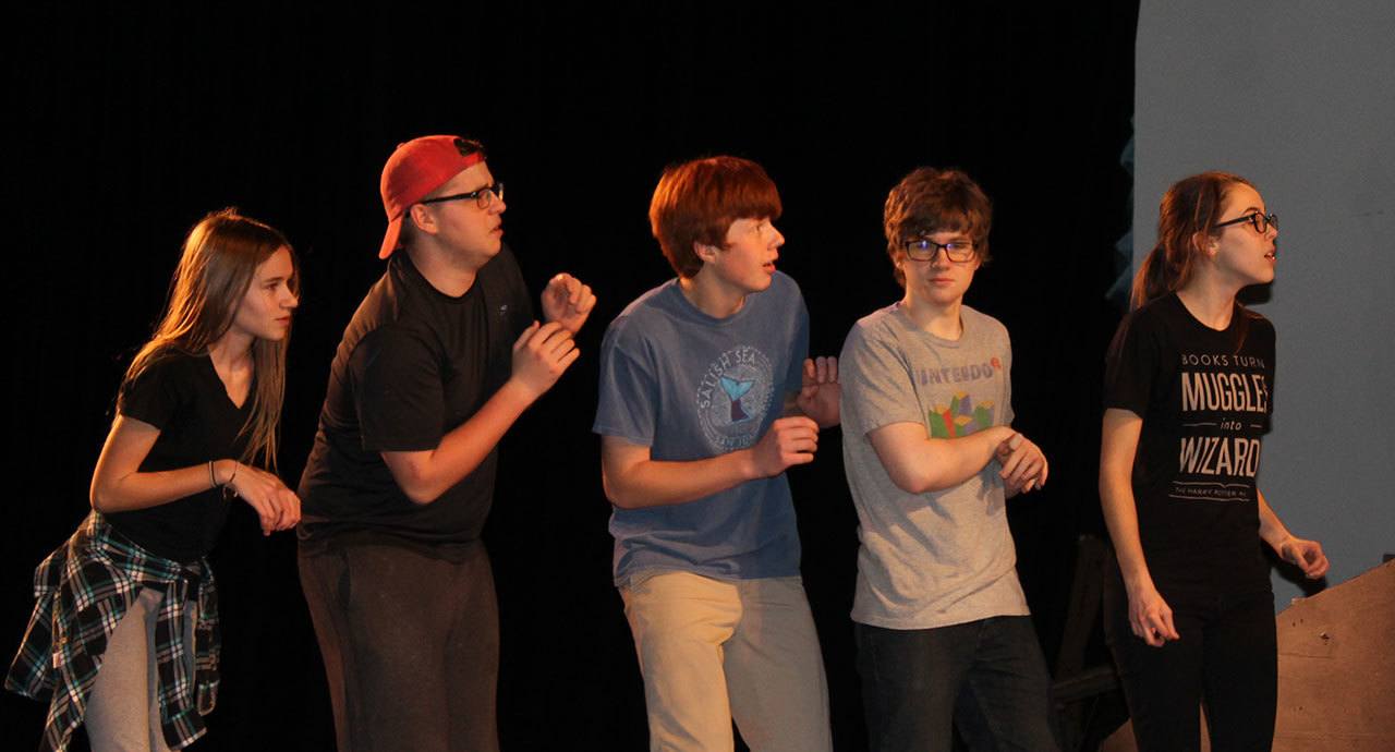 Staff photo/Heather Spaulding                                 From left to right: Emily Vogel as Toto; Eric Sabel as the Lion; Zac Fincher, as the Tinman; Wilson Loucks, as the Scarecrow; Jillian Urbach as Dorothy.