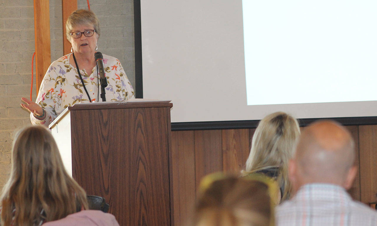 Staff photo/Hayley Day                                Barbara Starr, program manager at Compass Health San Juans, speaks to a crowd of health industry professionals at Brickworks in Friday Harbor on June 14.