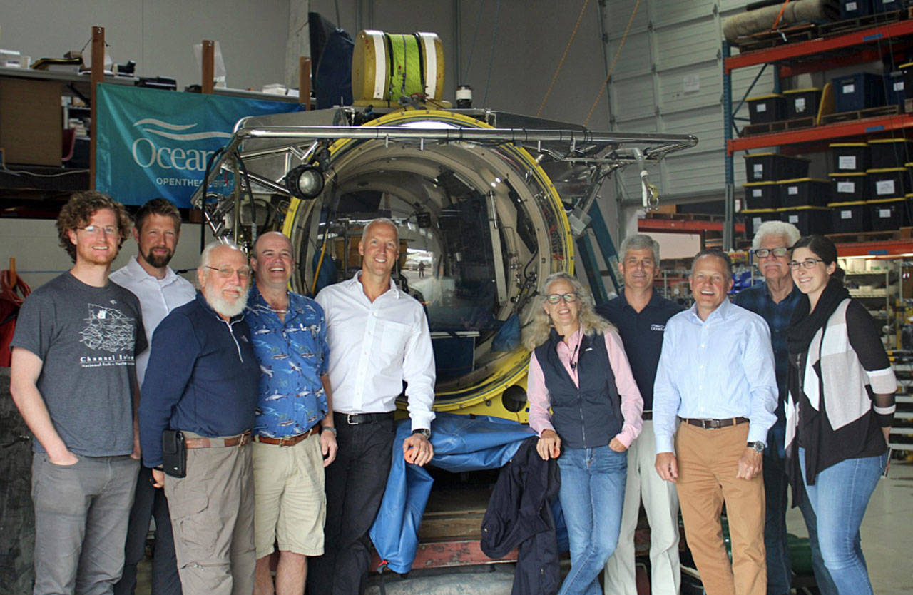 Contributed photo/Friday Harbor Marine Laboratories. Left to Right: Alex Lowe, Matt Baker, David Duggins, Adam Summers, Joe Gaydos, SeaDoc Science Director; Wendy Rush, Director of the OceanGate Foundation; Stockton Rush, CEO OceanGate; Neil McCurdy, COO OceanGate; Gary Greene, Mackenzie Gerringer.