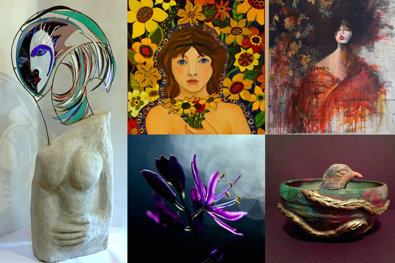 Left: “She’s Like the Wind” by Yvonne Buijs-Mancuso; top center: “Star Flower” by Becky Kilpatrick; top right: “Intrigue” by Jill Karr; bottom center: “Dium Camas” by Robert Dash; bottom right: “Garden Totem” by Osa Caudill. (Contributed photos)