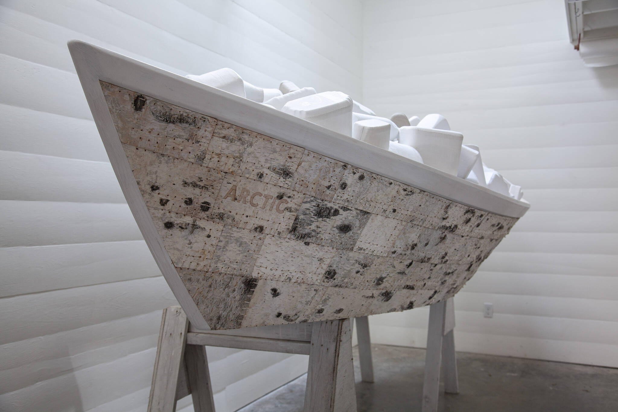 Contributed photo by SJIMA
Anna Gustafson “The Fog Warning” 2022 Wood, birchbark, waxed cotton seine twine, old linen, single-use plastic containers 5.5’ h x 13’ l x 4.5’ d