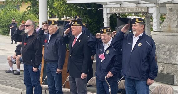 Staff photo / Isabel Ashley[ INSERT NAMES] are recognized for their service at the Memorial Day gathering in Friday Harbor.
Staff photo / Isabel Ashley
All five branches of the US military were represented by the following American Legion members who served in said branches (from left to right): Rich Swenson (US Air force), Craig Dorsey (Coast Guard), Mike Gallagher (Marine Corps), Jim Glover (Navy) and Shannon Plummer (Army).