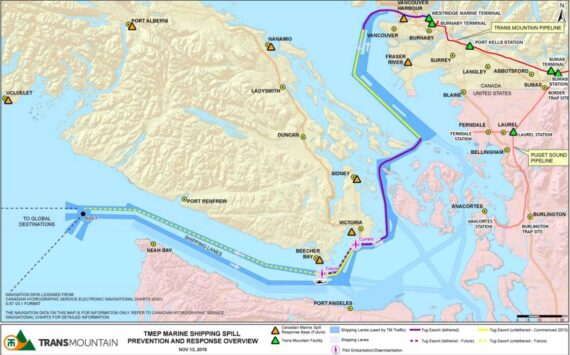 Credit: Trans Mountain
Map of Trans Mountain oil tankers’ route with current and proposed safety precautions.