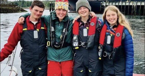 Submitted photo
The Juvenile Delinquents team pose for a picture in their gear. From Left to right: Bryce Lutz (Bellingham), Willow Gray (Bellingham), Dagny Kruger (Orcas) and Else Ranker (Orcas)